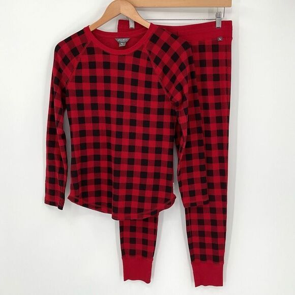 Eddie Bauer Waffle Knit Long Sleeve Jogger Pajama Set Women Small Red Black - Picture 1 of 8